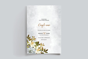 WEDDING INVITATION FRAME WITH FLOWER DECORATIONS AND FRESH LEAVES