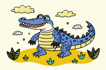 Smiling blue alligator stands amidst green leaves and yellow clouds in a cute cartoon