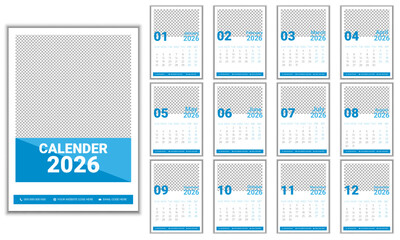 2026 Wall calendar design, Blue color shade 13 page design Template. Modern style and color .