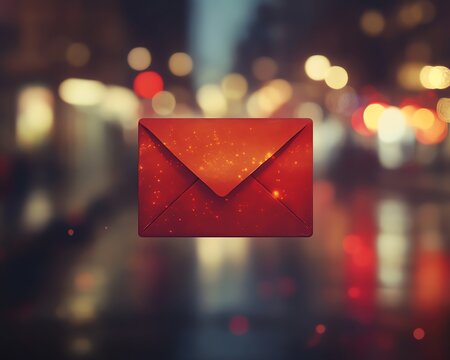 Glowing digital envelope icon, futuristic communication concept.  Night city backdrop.