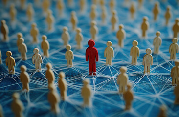 A single red person amongst many connected by a network