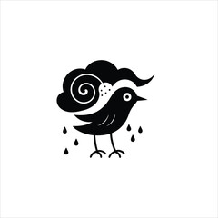 A black bird standing under a rain cloud in a minimalist illustration