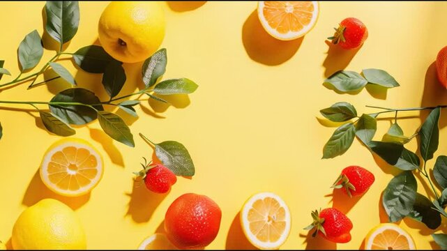 Fresh citrus fruits, strawberries, and green leaves are arranged in a colorful border on a vibrant yellow background
