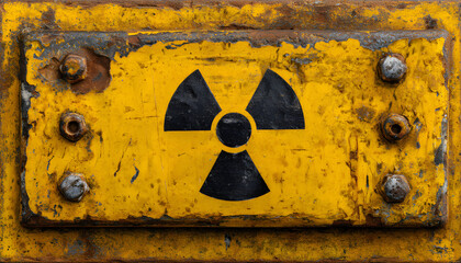 Fototapeta premium Square yellow sign features radiation symbol, warning radioactive materials. Old rusty metal board with bolts. Indicates danger, nuclear hazard