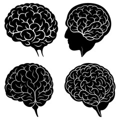 Collection of four stylized human brain illustrations in black and white showing different perspectives