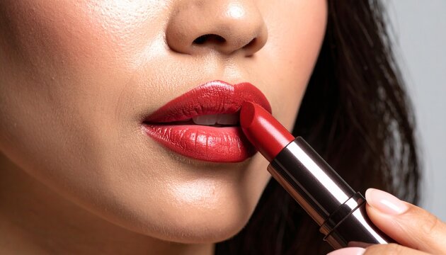 Primer plano boca de mujer pint&aacute;ndose los labios con una barra de carm&iacute;n rojo. Femenina, maquillaje, embellecer