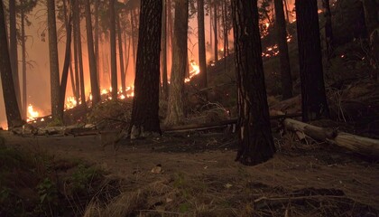 Nighttime Forest Scene Illuminated by Wildfire Glow
