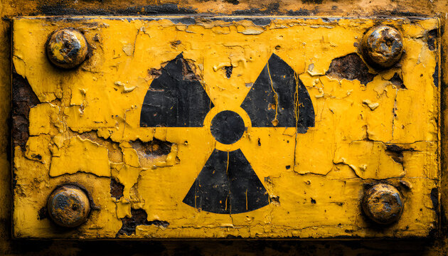 Square yellow sign features radiation symbol, warning radioactive materials. Old rusty metal board with bolts. Indicates danger, nuclear hazard - Powered by Adobe