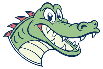 shows a joyful, cartoon alligator head with bold outlines and sharp white teeth