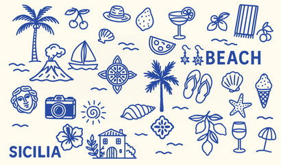 sicilian line art illustrations – mediterranean travel icons and food sketches