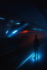 Silhouette traveler watches sleek high-speed train blur past illuminated platform in futuristic night station, evoking motion and progress, generative AI