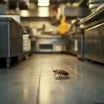Cockroach Walking on Clean Kitchen Floor in Restaurant Environment