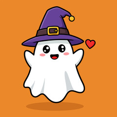 A Cheerful Cartoon Ghost Wearing a Witch Hat Spreads Love on a Halloween Themed Orange Background