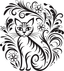 A cat is sitting in the flower garden, vector graphic design