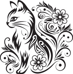 A cat is sitting in the flower garden, vector graphic design