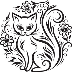 A cat is sitting in the flower garden, vector graphic design