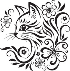 A cat is sitting in the flower garden, vector graphic design