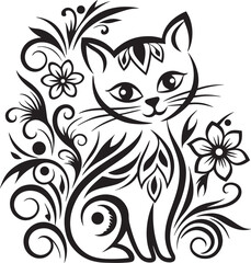A cat is sitting in the flower garden, vector graphic design