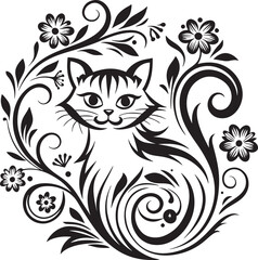 A cat is sitting in the flower garden, vector graphic design