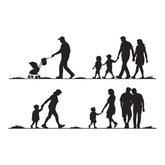 Fototapeta premium Family Silhouette Collection: A set of silhouette illustrations depicting families enjoying outdoor activities, emphasizing love, togetherness, and the simple joys of life.