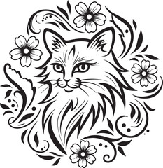 A cat is sitting in the flower garden, vector graphic design