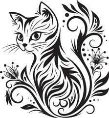 A cat is sitting in the flower garden, vector graphic design