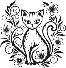 A cat is sitting in the flower garden, vector graphic design
