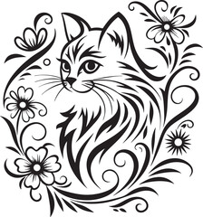 A cat is sitting in the flower garden, vector graphic design