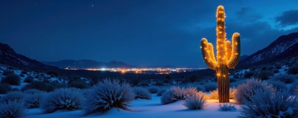 Snow-dusted saguaro cactus glows with white Christmas lights in a desert night , winter wonderland, botany