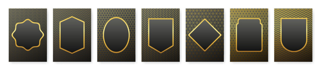 Golden frame set on black paper with pattern. Vintage frames for wedding invitation cards, Birthday, festive greeting cards, photo pictures. Vector EPS10