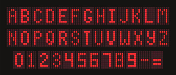 Red Digital Dotted Font with Alarm Clock Letters, Electronic Alphabet, Retro Calculator Symbols, Monitor Characters, and Scoreboard Digits. Vector EPS 10