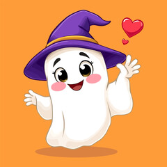 Cute Cartoon Ghost in Witch Hat with Heart Halloween Illustration on Orange Background for Kids and Festive Designs