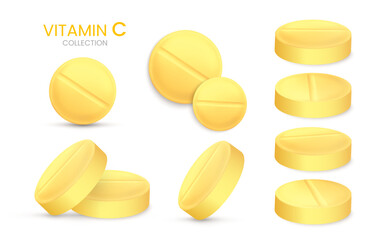 Vitamin C realistic pills isolated on white background. Medical Pill, Capsule, Tablet, medicine drug Collection. 3D vector illustration