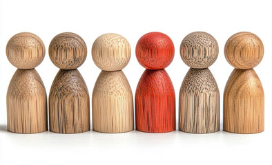 A single red wooden figure stands out from a row of different colored wooden figures