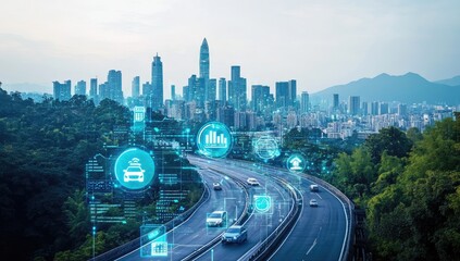 Futuristic cityscape highway with overlayed data