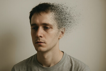 Obraz premium Portrait of pensive man with dissolving pixelated head, conceptualizing memory loss, stress and fragmented identity, generative AI