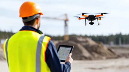 A construction worker in safety gear operates a drone using a tablet at a building site with a crane in the background.