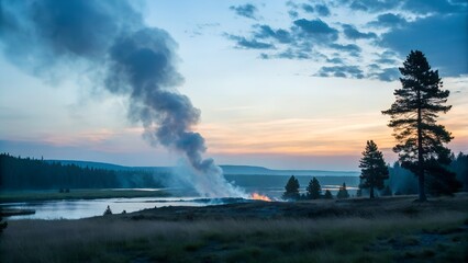 Fototapeta premium Campfire smoke rising into twilight — soft blue sky fading behind