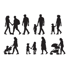 Family and Individual Silhouette: A collection of elegant black silhouette figures representing various family dynamics, including couples, parents with child and individual walking.