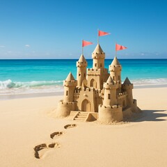 Elaborate sand castle on tropical beach with flags