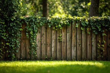 Weathered Wooden Fence with Vibrant Green Ivy and Moss in a Sunlit Natural Garden Setting .
