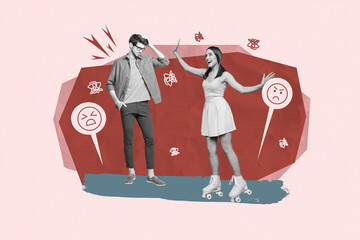 Trendy 3d zine full photo collage of girl guy receive cyberbully hate concept bad emoji icon sad smiley hate content abuse