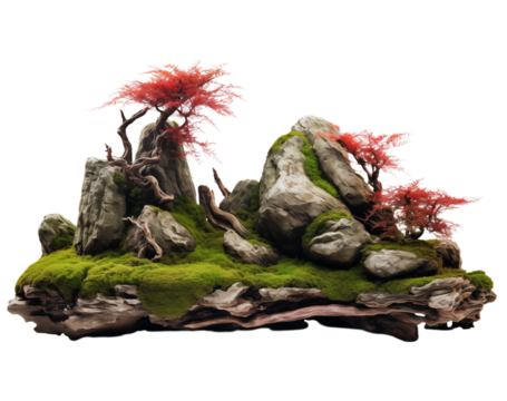 Miniature Bonsai Landscape: Rocks, Moss, and Red Maple Trees transparent background png