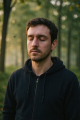 Bearded man closes eyes in sun-dappled forest, practicing mindful breathing and grounding amid lush green tranquility, generative AI
