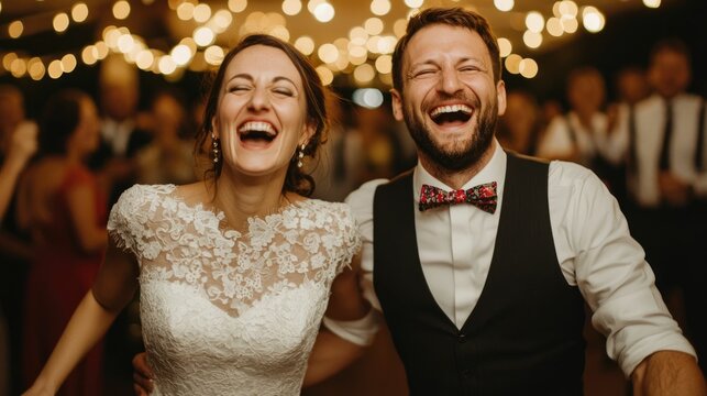 Joyful Couple Dancing at Vibrant Wedding Reception with Festive Decor and Lively Atmosphere Excited newlyweds celebrating their special day with laughter and energy
