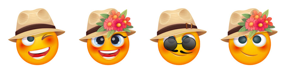 Naklejka premium Summer emoji with straw hat, sunglass and tropical flowers on white background. Cheerful summer emoticon with happy smiling face shows joy. Positive vibes, good mood, vacation, travel, holiday concept