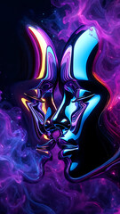 Interstellar Embrace: Futuristic Faces in a Cosmic Landscape