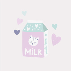 A funny drawing of a milk carton with a cute little cat on it with soft pastel colors, a sticker or a print for a T-shirt.