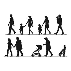 Family Silhouettes: A collection of family silhouettes depicting scenes of parents with children, walking together, pushing a stroller, symbolizing togetherness and familial love.