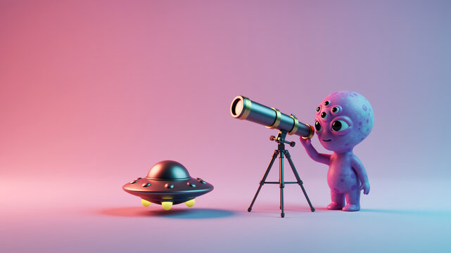 Cute 3D alien with a telescope and a UFO. Cartoon character exploring space, concept of astronomy and discovery, with copy space. World UFO day - Powered by Adobe